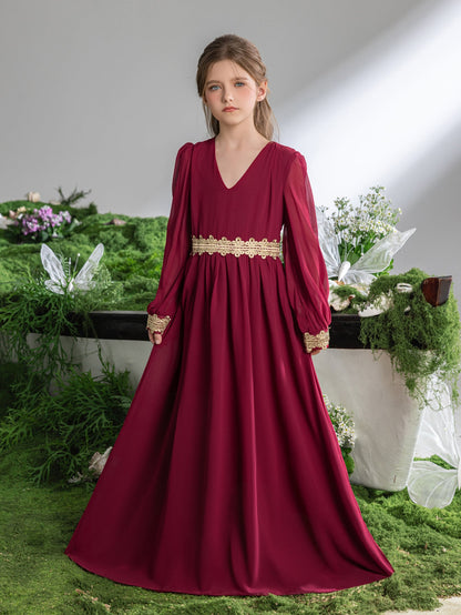 Tween Girls' Lace Trim Decoration V-neck Bishop Sleeves Chiffon Party Dress – view 7