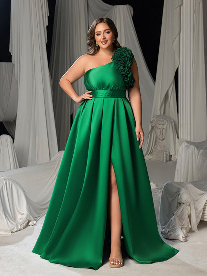 Plus Women's One-Shoulder Formal Dress | Statement Ruffle Trim Accent | Corset Back & High Split