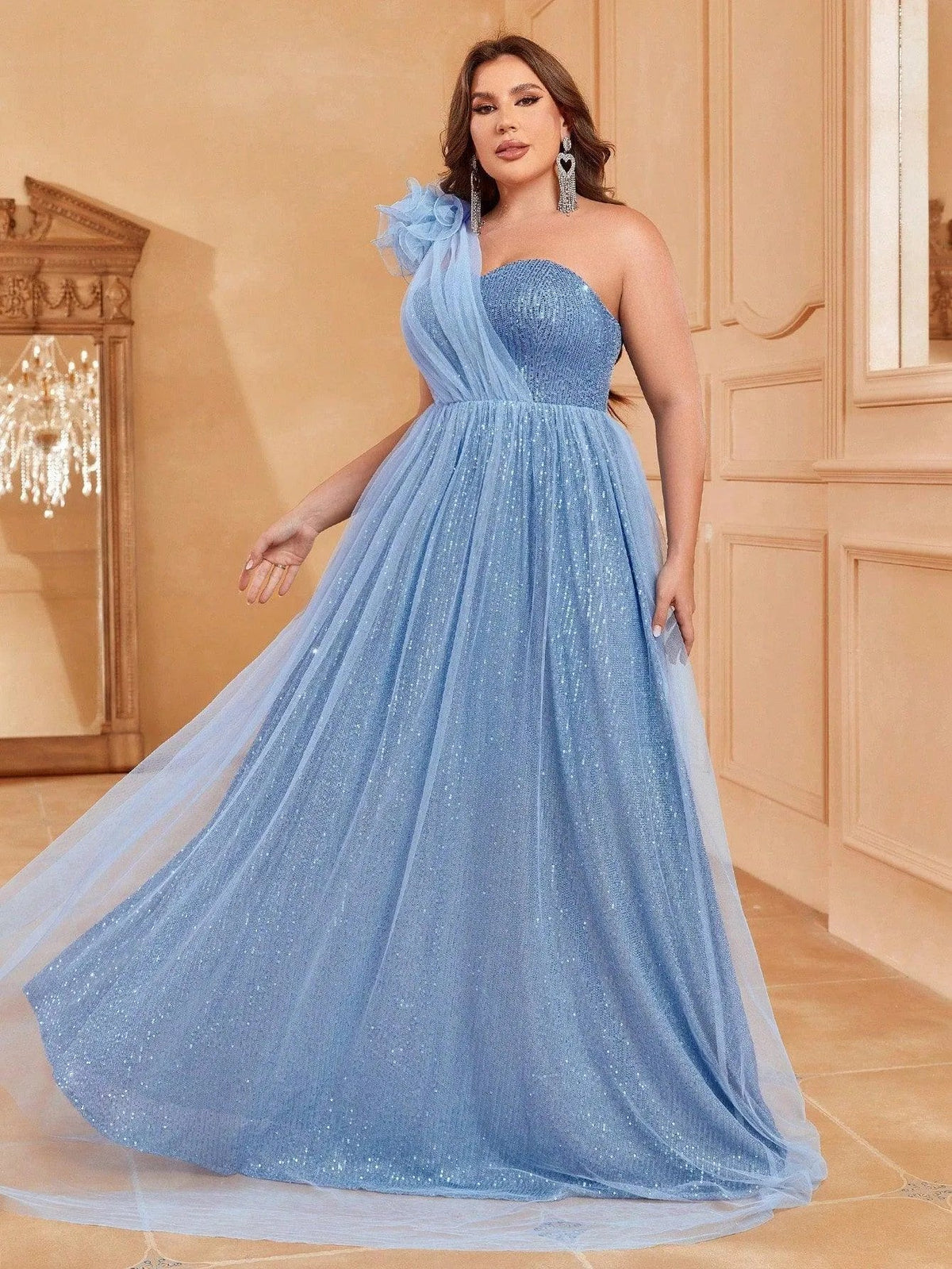 Plus-Size One-Shoulder Sequin Sleeveless A-Line Evening Gown — authorized product image 3