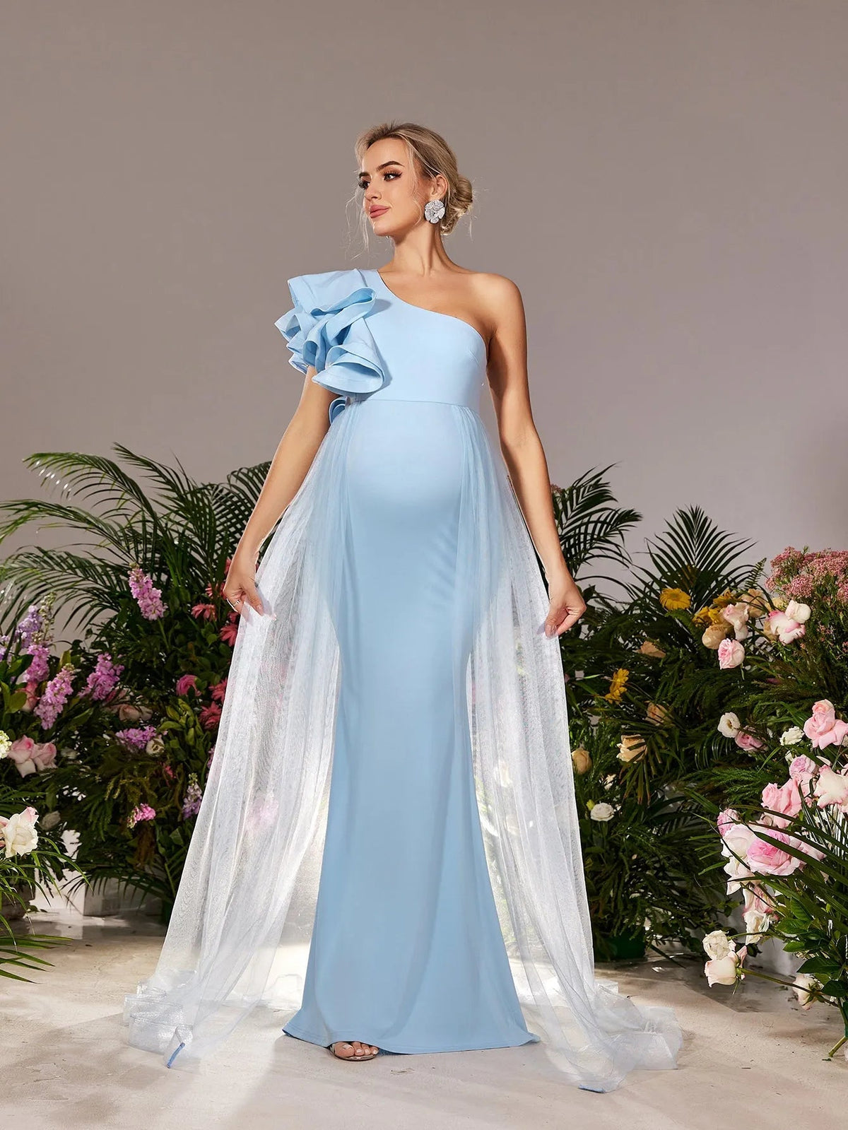 Additional product view of Mesh Overlay Ruffle Trim One-Shoulder Knit Mermaid Maternity Evening Dress