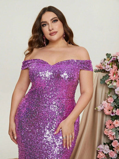 Plus-Size Off-Shoulder Sequin Tulle Sleeveless Mermaid Evening Gown — authorized product image 5
