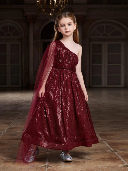 Tween Girls' One-Shoulder Draped Side Sequin Prom Dress — authorized product image 1