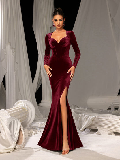 Elegant Velvet Evening Gown – Sweetheart Neckline and Thigh-High Slit, Luxury Dress for Glamorous Evening Wear, XS-XL – view 19