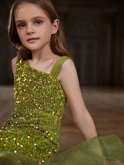 Additional product view of Mesh Insert Mermaid Hem One-Shoulder Sequin Sleeveless Tween Girls' Party Dress