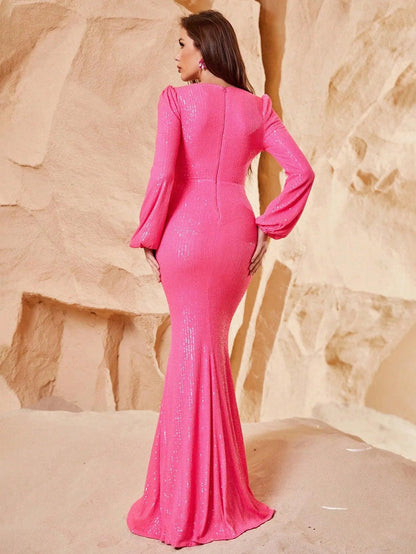 Surplice Neck Lantern Sleeves Sequin Mermaid Dress