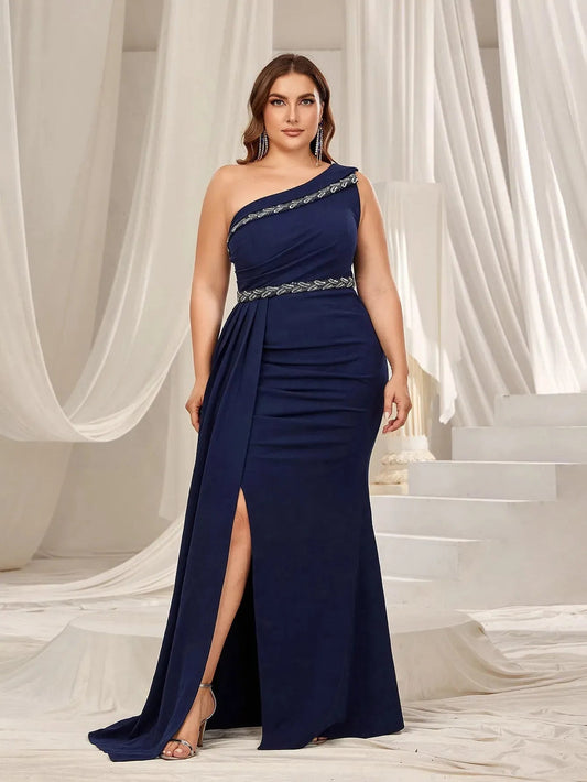 Navy blue plus-size one-shoulder mermaid prom dress with high slit