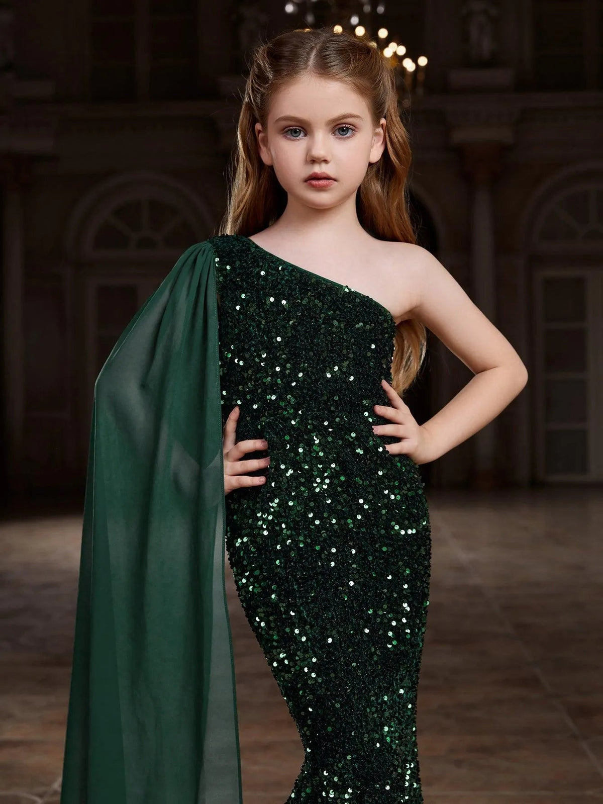 Additional product view of Draped Side One-Shoulder Sequin Mermaid Sleeveless Tween Girls' Party Dress
