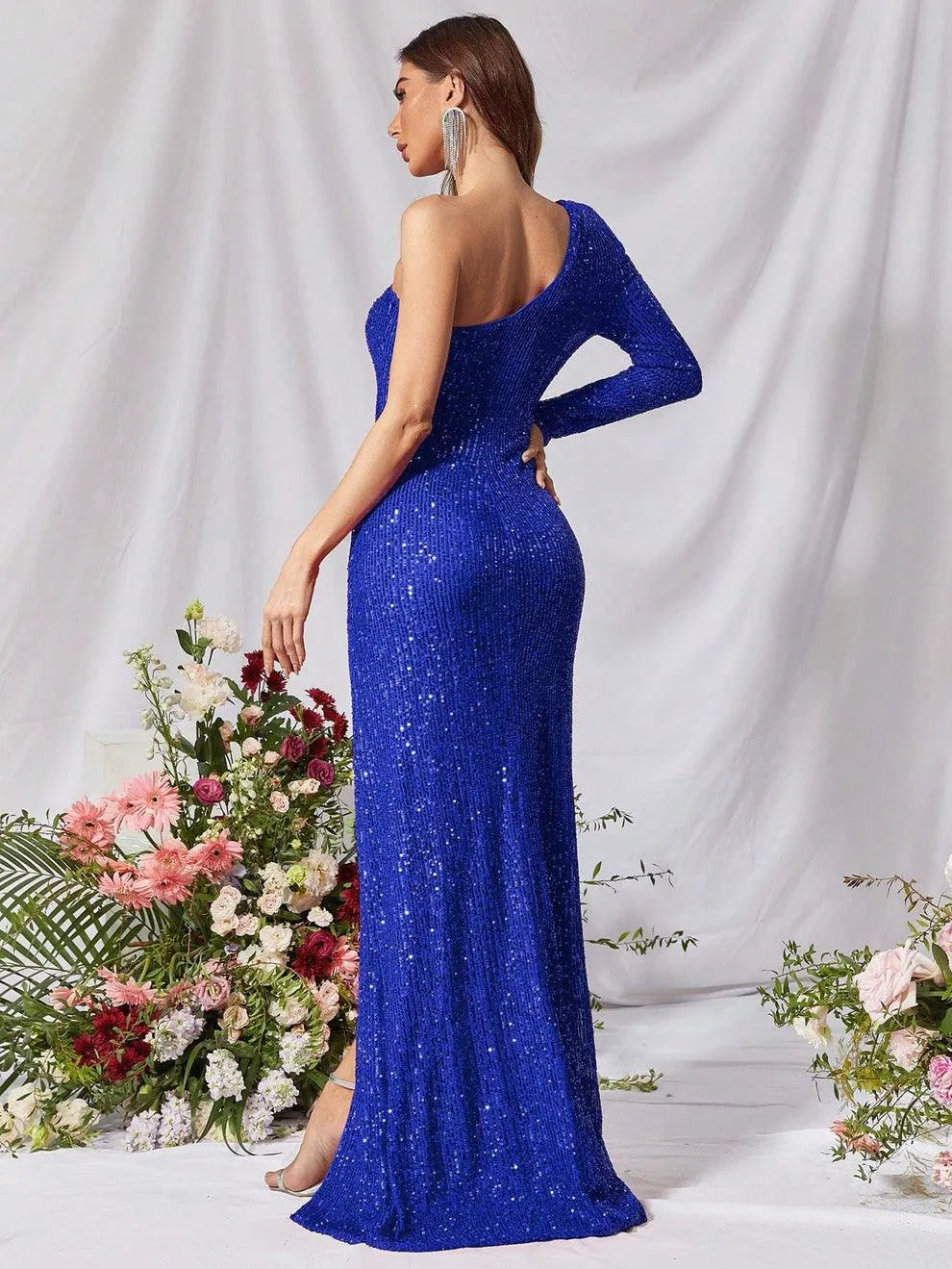 Additional product view of High-Slit One-Shoulder Sequin Sheath Maxi Evening Gown