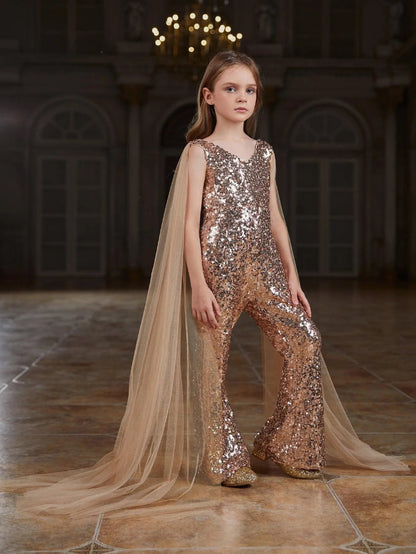 Additional product view of Cloak-Sleeve V-Neck Sequin Tween Girls' Party Jumpsuit