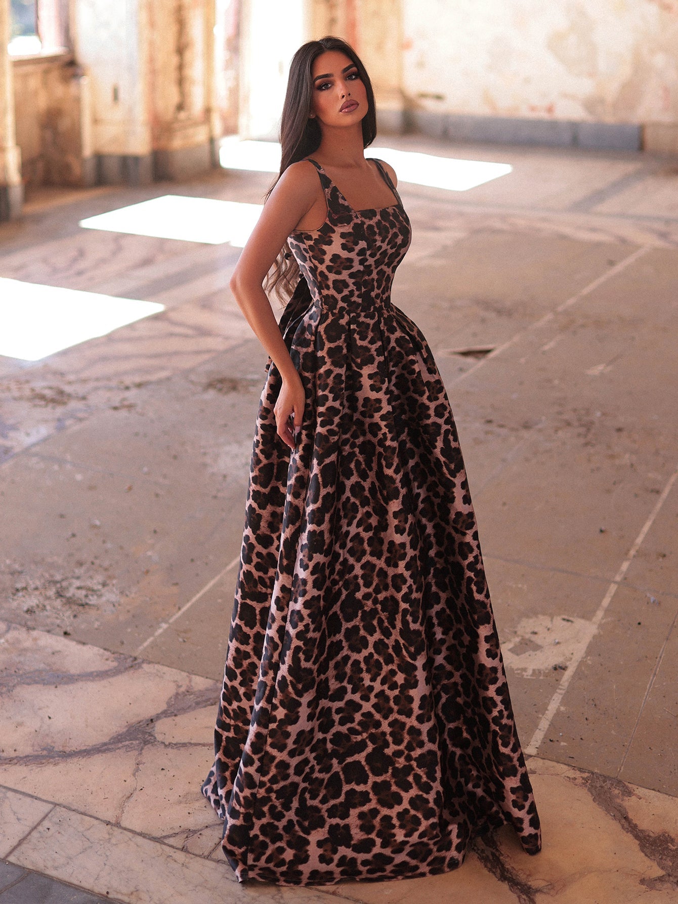 Additional product view of Square-Neck Satin A-Line Sleeveless Maxi Evening Gown