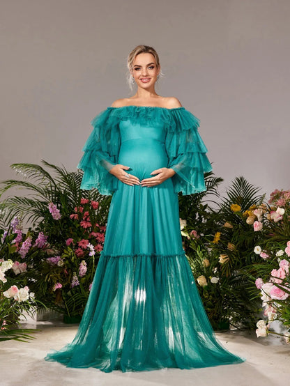 Maternity Off-Shoulder Tulle Long-Sleeve A-Line Evening Gown — authorized product image 1