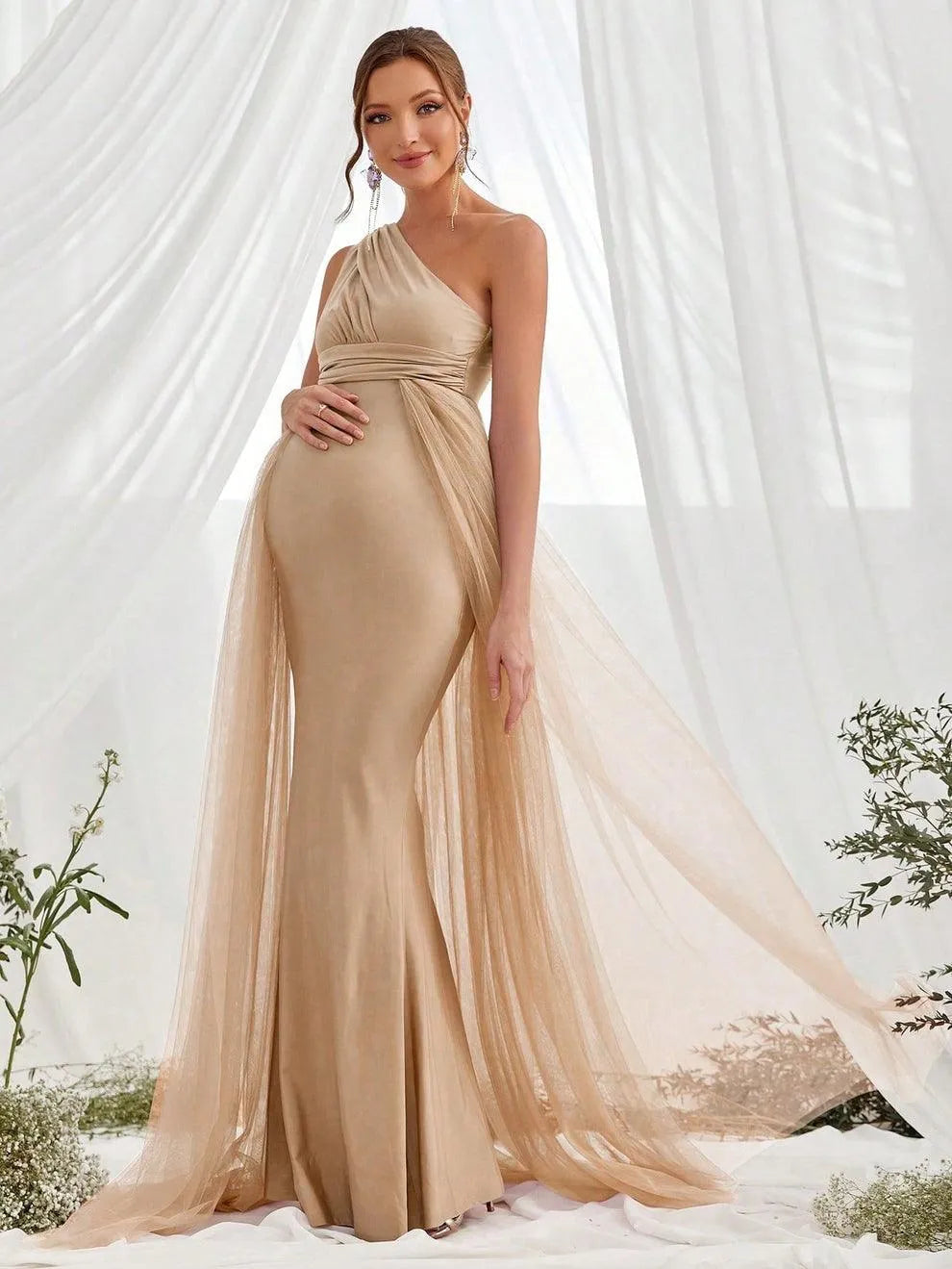 Additional product view of Contrast Mesh One-Shoulder Knit Mermaid Sleeveless Maternity Evening Dress