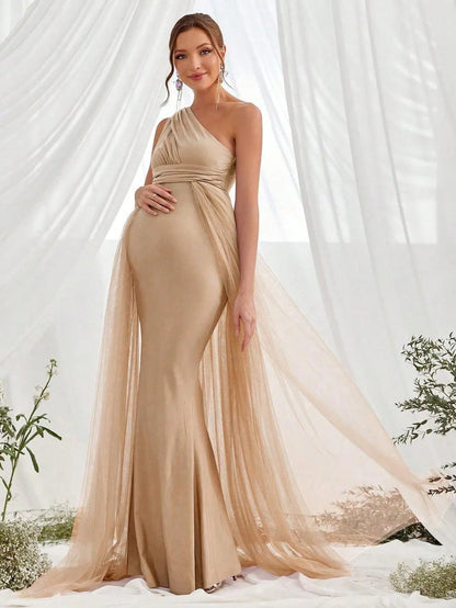 Additional product view of Contrast Mesh One-Shoulder Knit Mermaid Sleeveless Maternity Evening Dress
