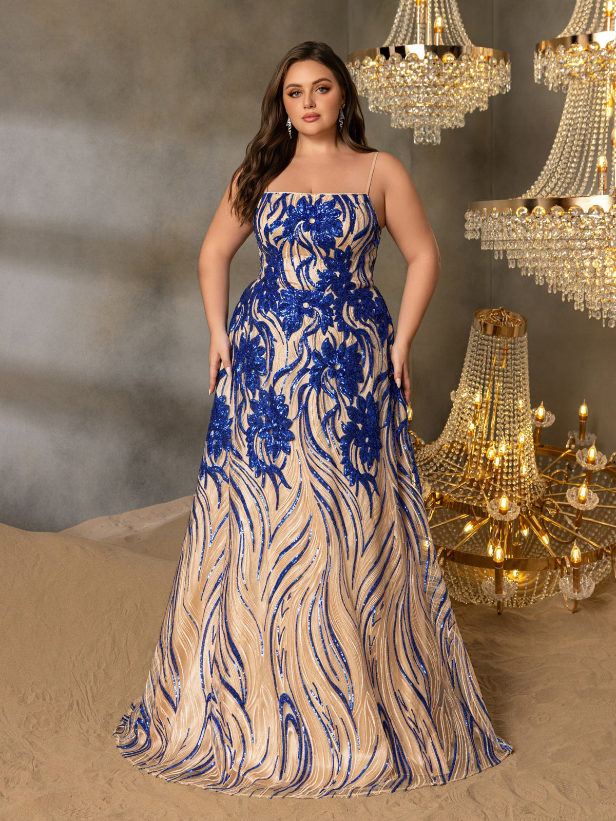 Plus-Size Spaghetti Strap Sequin Sleeveless A-Line Evening Gown — authorized product image 4