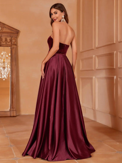 Additional product view of Velvet Bodice Strapless Satin High-Slit A-Line Evening Gown