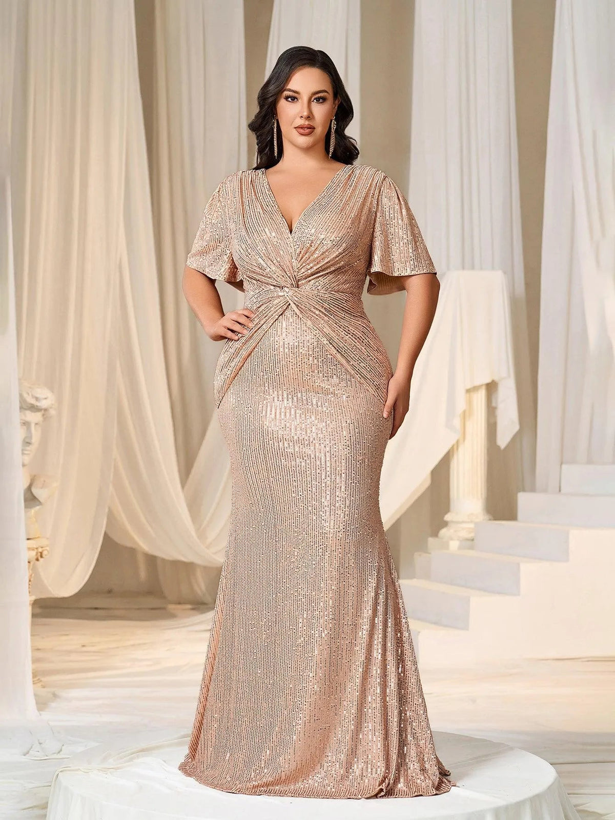 Alternate view of Twist Front Plunging-Neck Plus-Size V-Neck Sequin Evening Gown in Champagne
