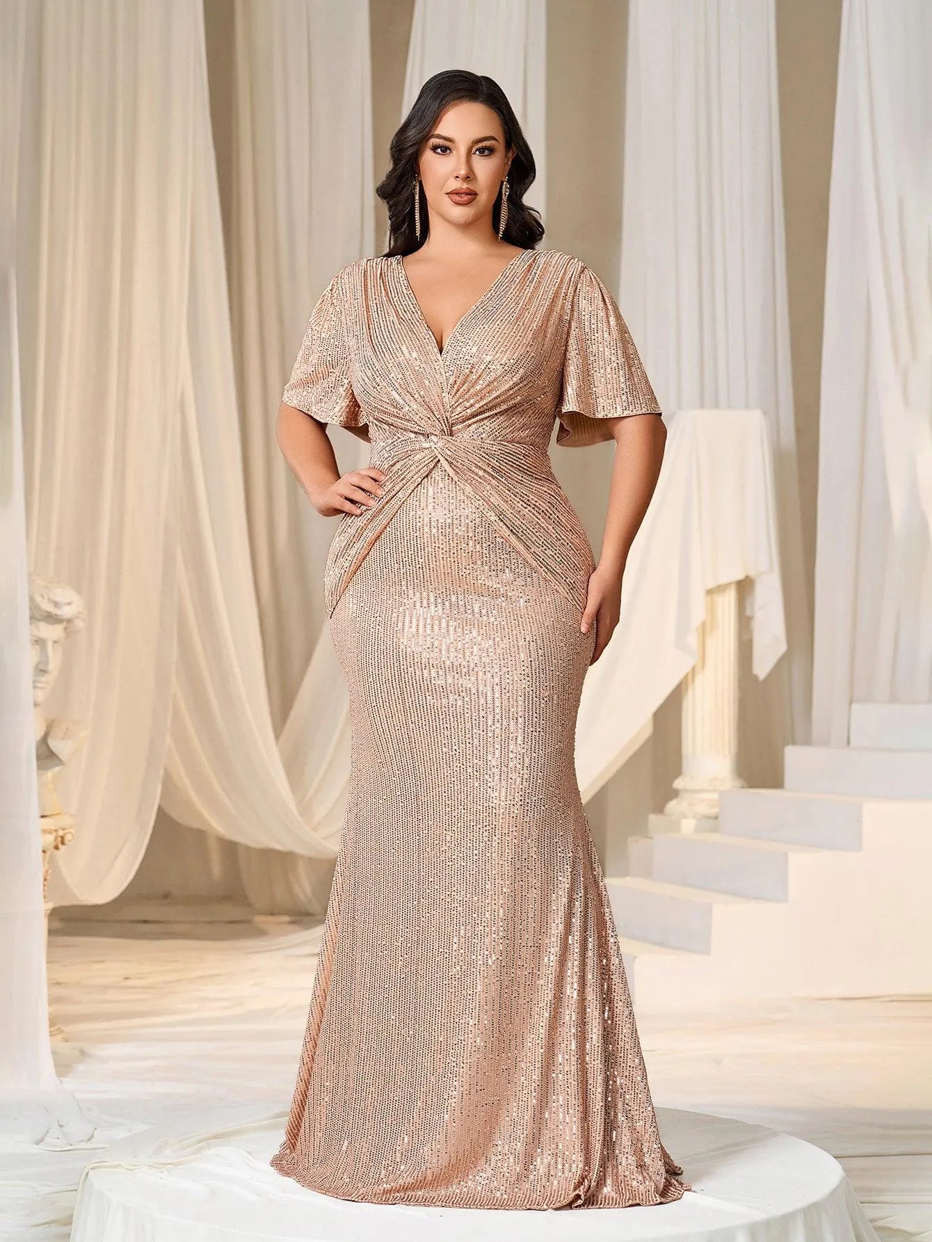 Alternate view of Twist Front Plunging-Neck Plus-Size V-Neck Sequin Evening Gown in Champagne
