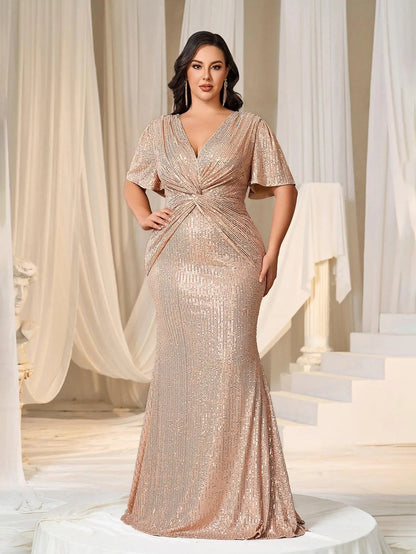 Alternate view of Twist Front Plunging-Neck Plus-Size V-Neck Sequin Evening Gown in Champagne