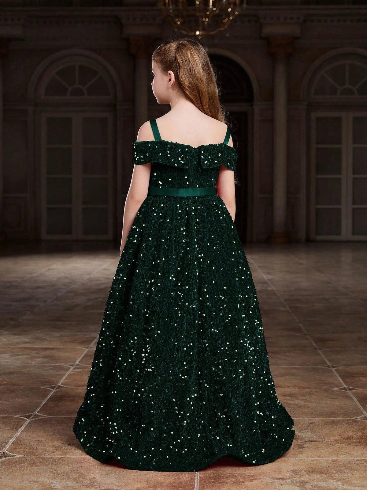 Additional product view of High-Low Hem Off-Shoulder Sequin A-Line Short-Sleeve Tween Girls' Party Dress