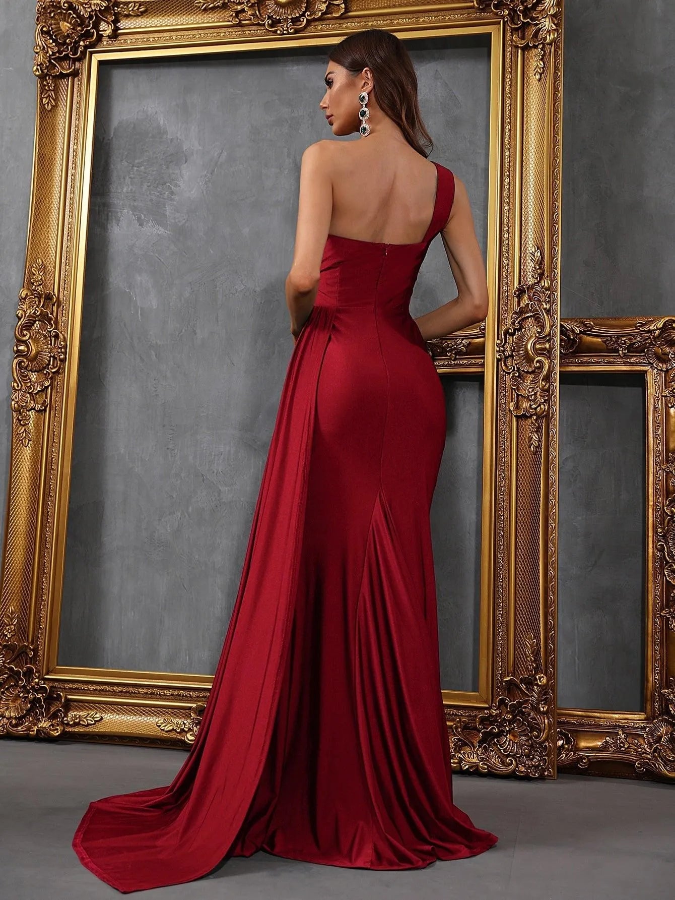 Additional product view of Draped Side High-Slit One-Shoulder Knit Mermaid Evening Gown