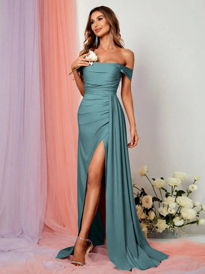 Additional product view of Draped Side High-Slit Off-Shoulder Knit Mermaid Evening Gown
