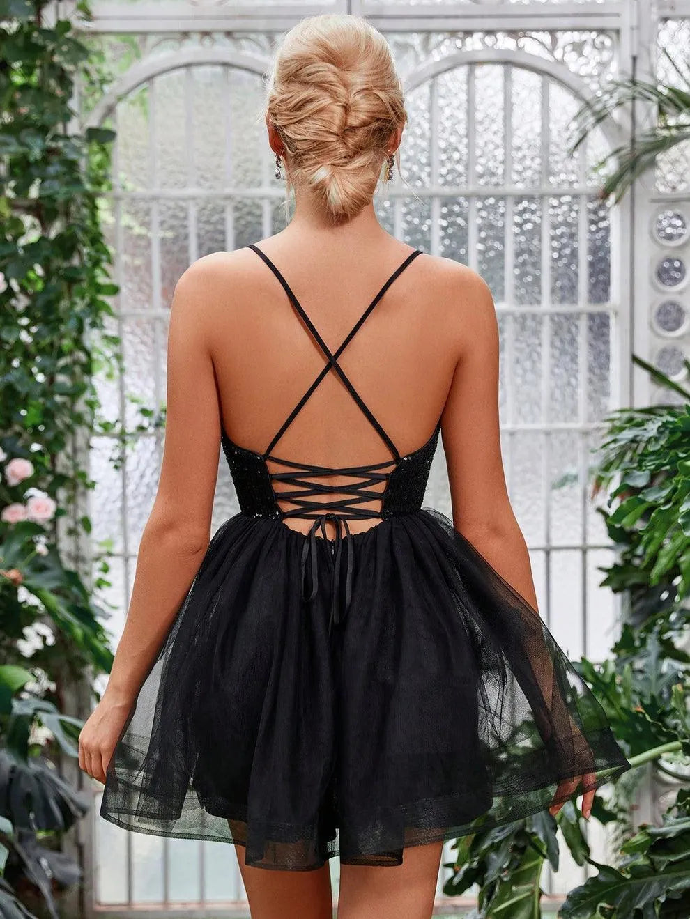 Additional product view of Mesh Overlay Cami Strap Sequin A-Line Sleeveless Mini Party Dress