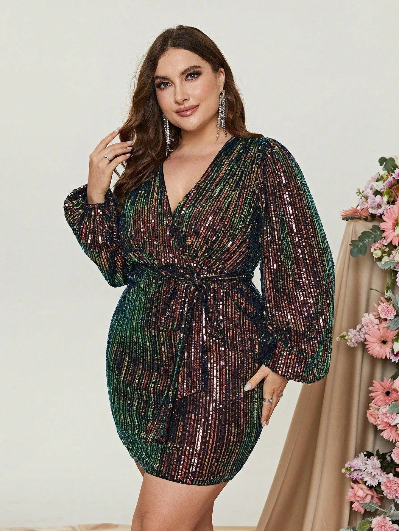 Additional product view of Surplice-Neck Belted Plus-Size V-Neck Sequin Mini Party Dress
