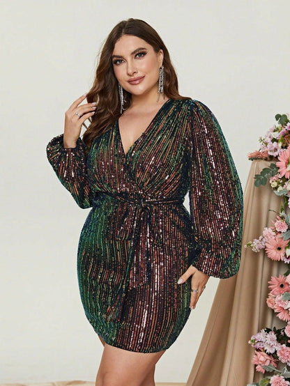 Additional product view of Surplice-Neck Belted Plus-Size V-Neck Sequin Mini Party Dress