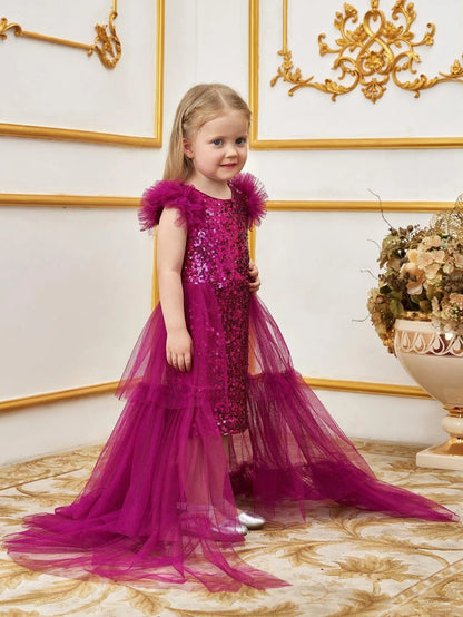Additional product view of Layered Hem Sequin A-Line Sleeveless Mesh Young Girls' Party Dress