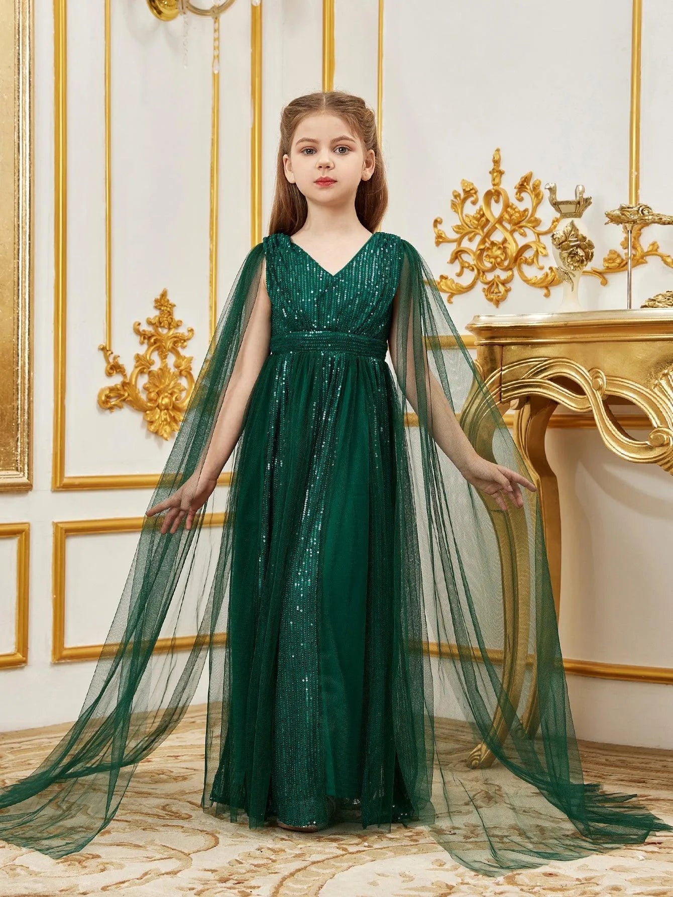 Additional product view of Contrast Mesh Cape-Sleeve V-Neck Sequin A-Line Tween Girls' Party Dress