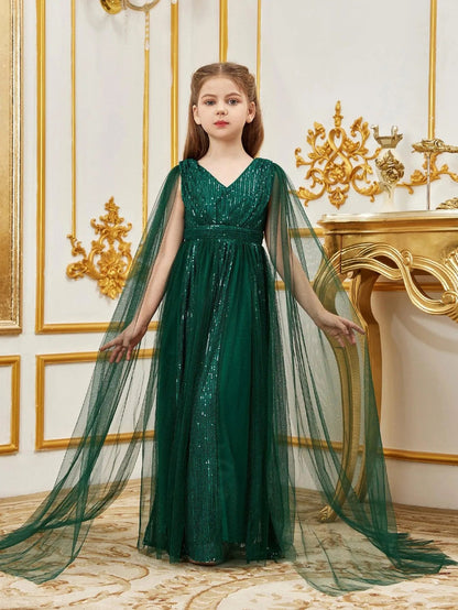 Additional product view of Contrast Mesh Cape-Sleeve V-Neck Sequin A-Line Tween Girls' Party Dress