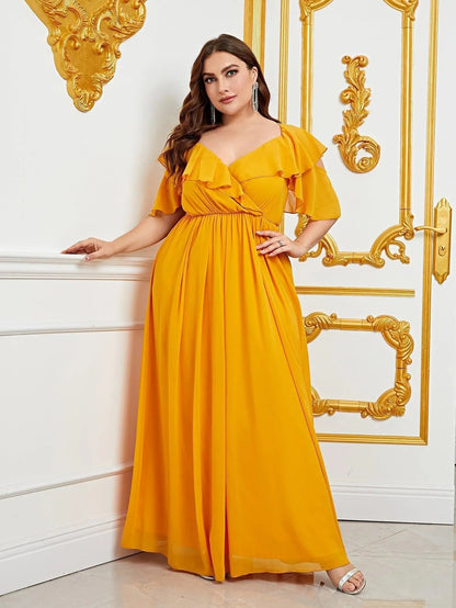 Plus Sweetheart Neck Ruffle Trim Chiffon A-Line Dress