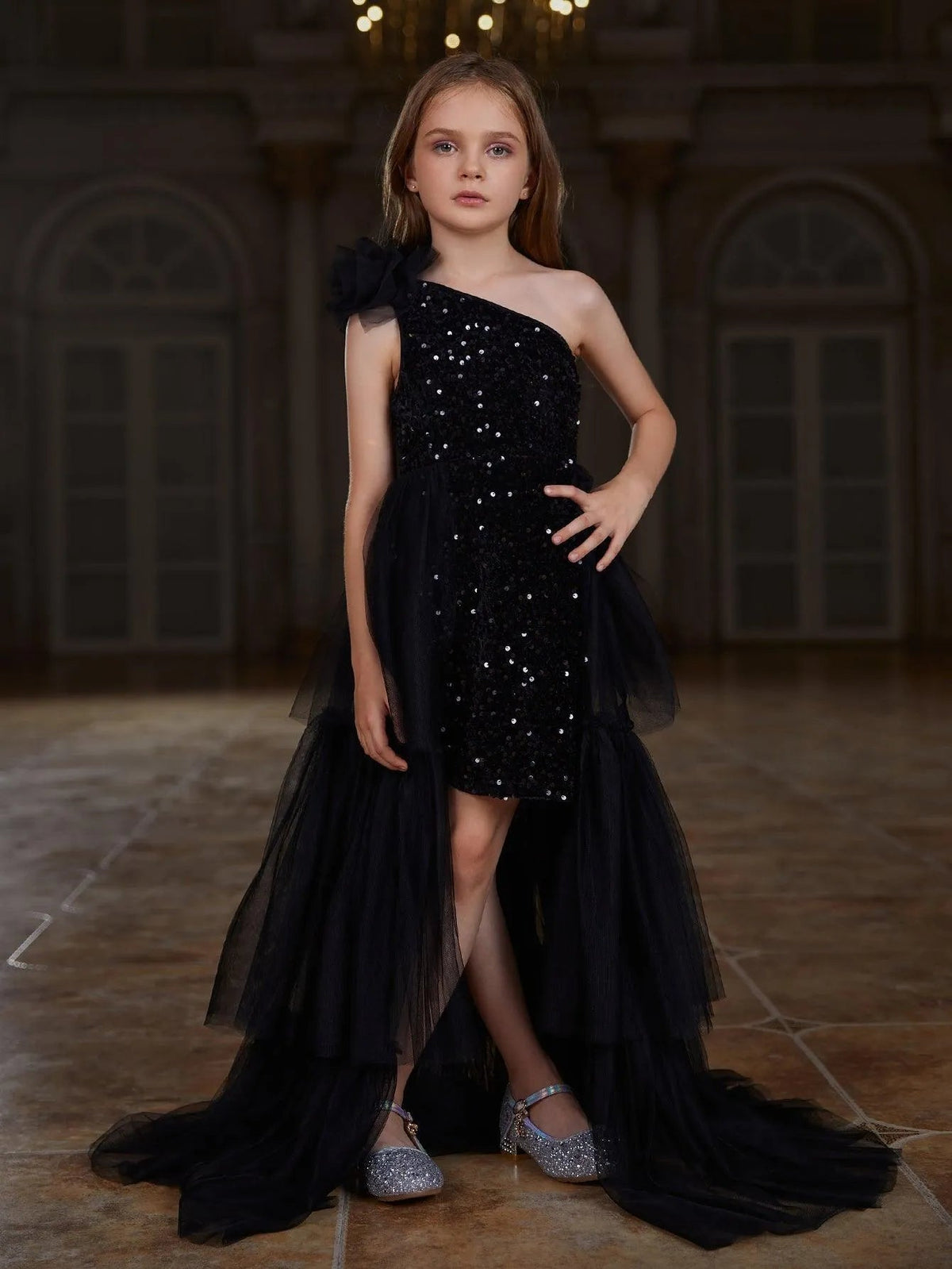 Additional product view of Layered Hem One-Shoulder Sequin A-Line Sleeveless Tween Girls' Party Dress