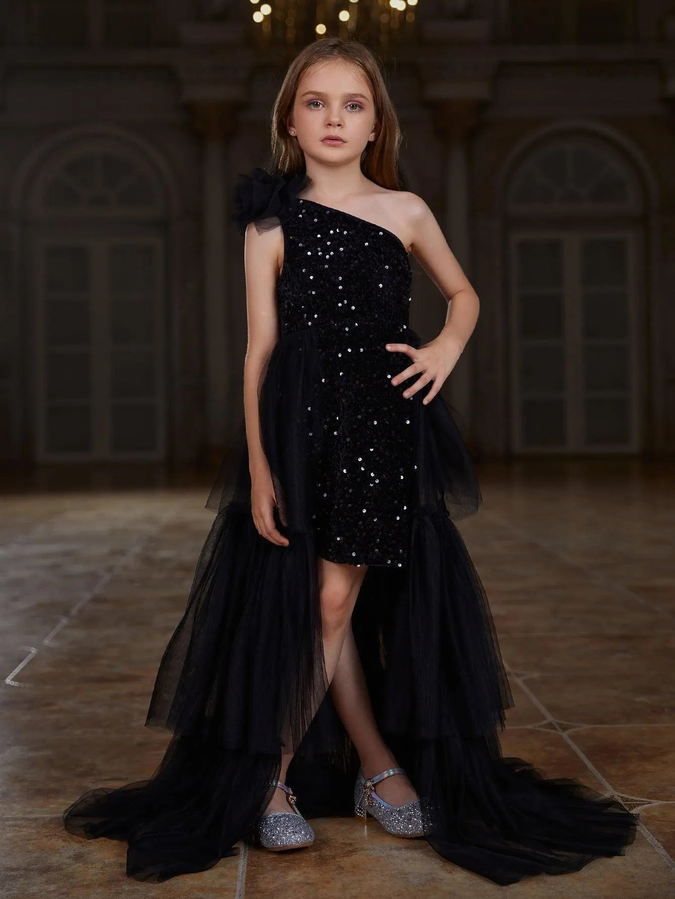 Additional product view of Layered Hem One-Shoulder Sequin A-Line Sleeveless Tween Girls' Party Dress