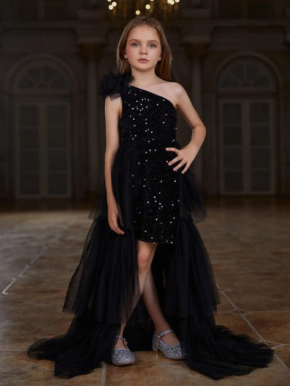 Additional product view of Layered Hem One-Shoulder Sequin A-Line Sleeveless Tween Girls' Party Dress