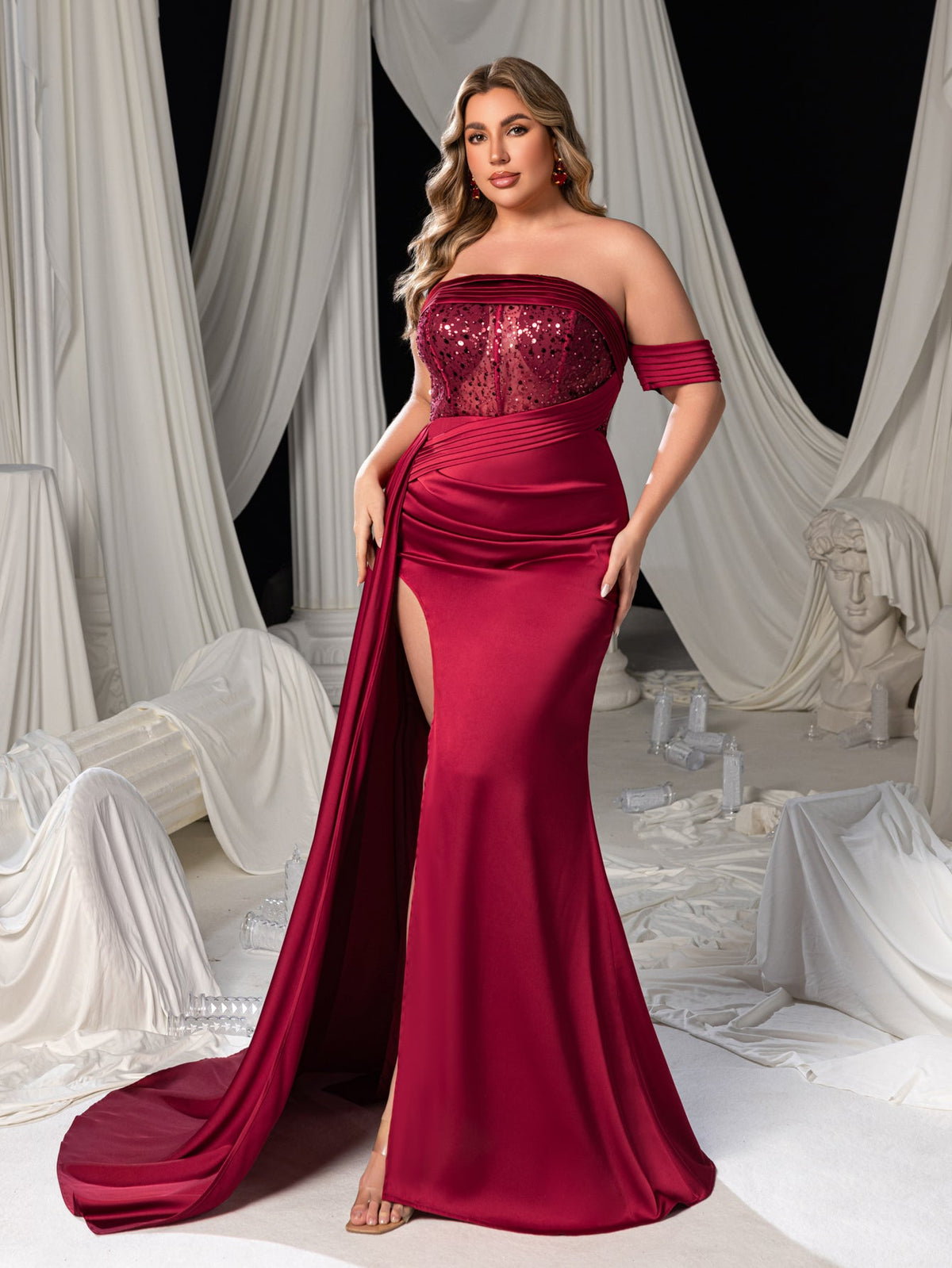 Plus-Size Strapless Satin High Slit Sleeveless Mermaid Evening Gown — authorized product image 5