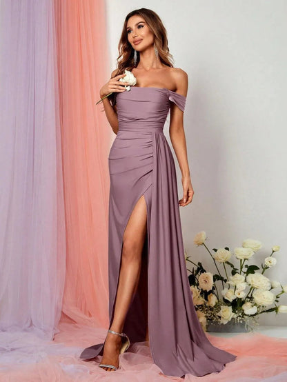 Additional product view of Draped Side High-Slit Off-Shoulder Knit Mermaid Evening Gown