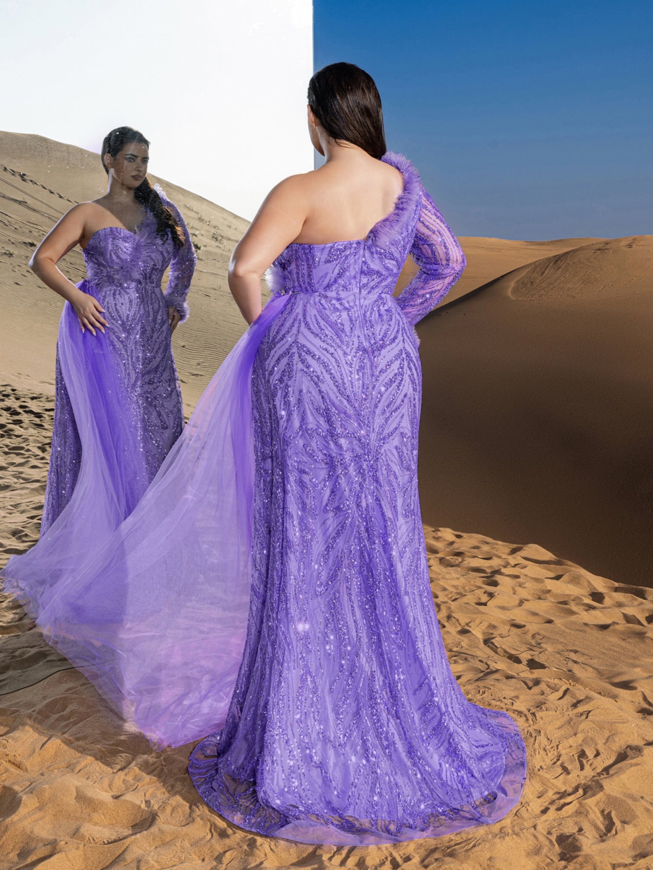 Plus Gorgeous Feather Trim One-Shoulder Split Mermaid Hem Beaded Formal Dress Evening Dress – view 2