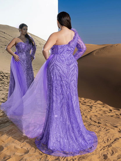 Plus Gorgeous Feather Trim One-Shoulder Split Mermaid Hem Beaded Formal Dress Evening Dress – view 2