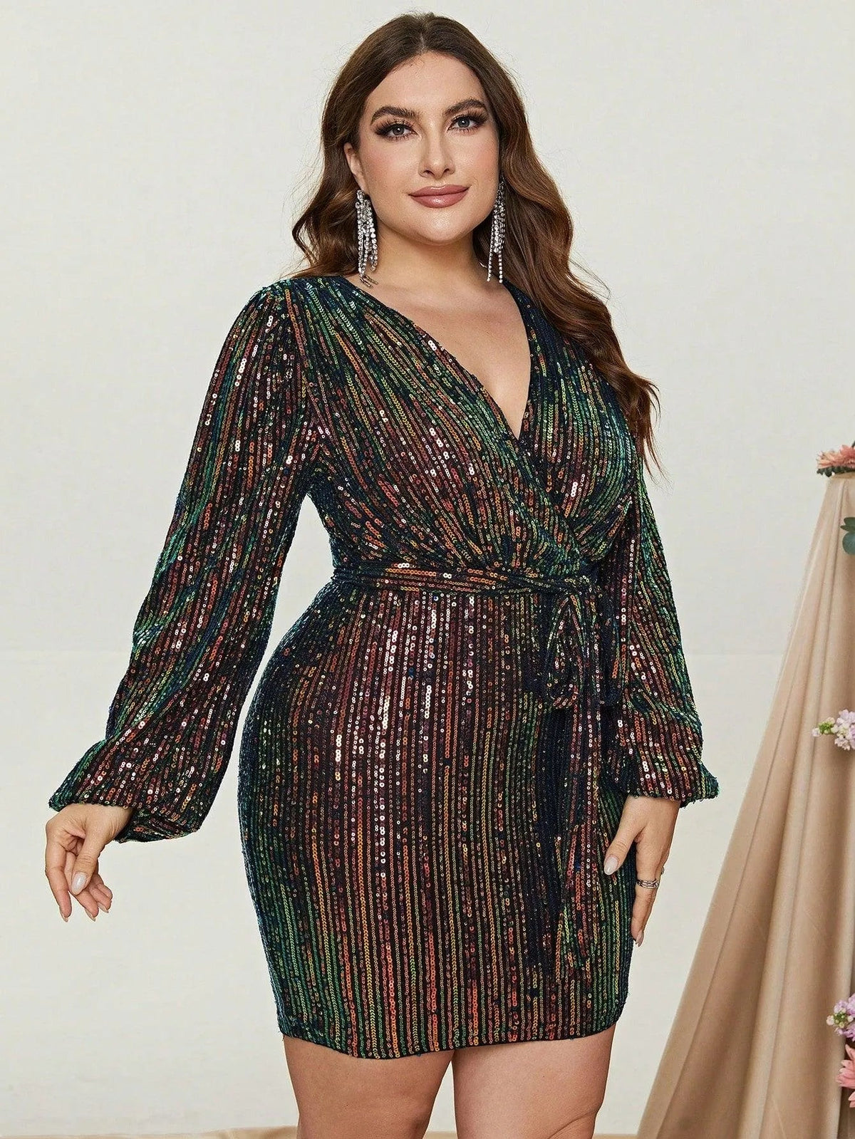 Additional product view of Surplice-Neck Belted Plus-Size V-Neck Sequin Mini Party Dress