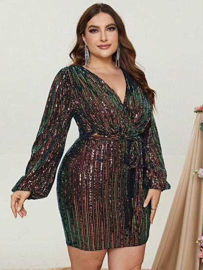 Additional product view of Surplice-Neck Belted Plus-Size V-Neck Sequin Mini Party Dress