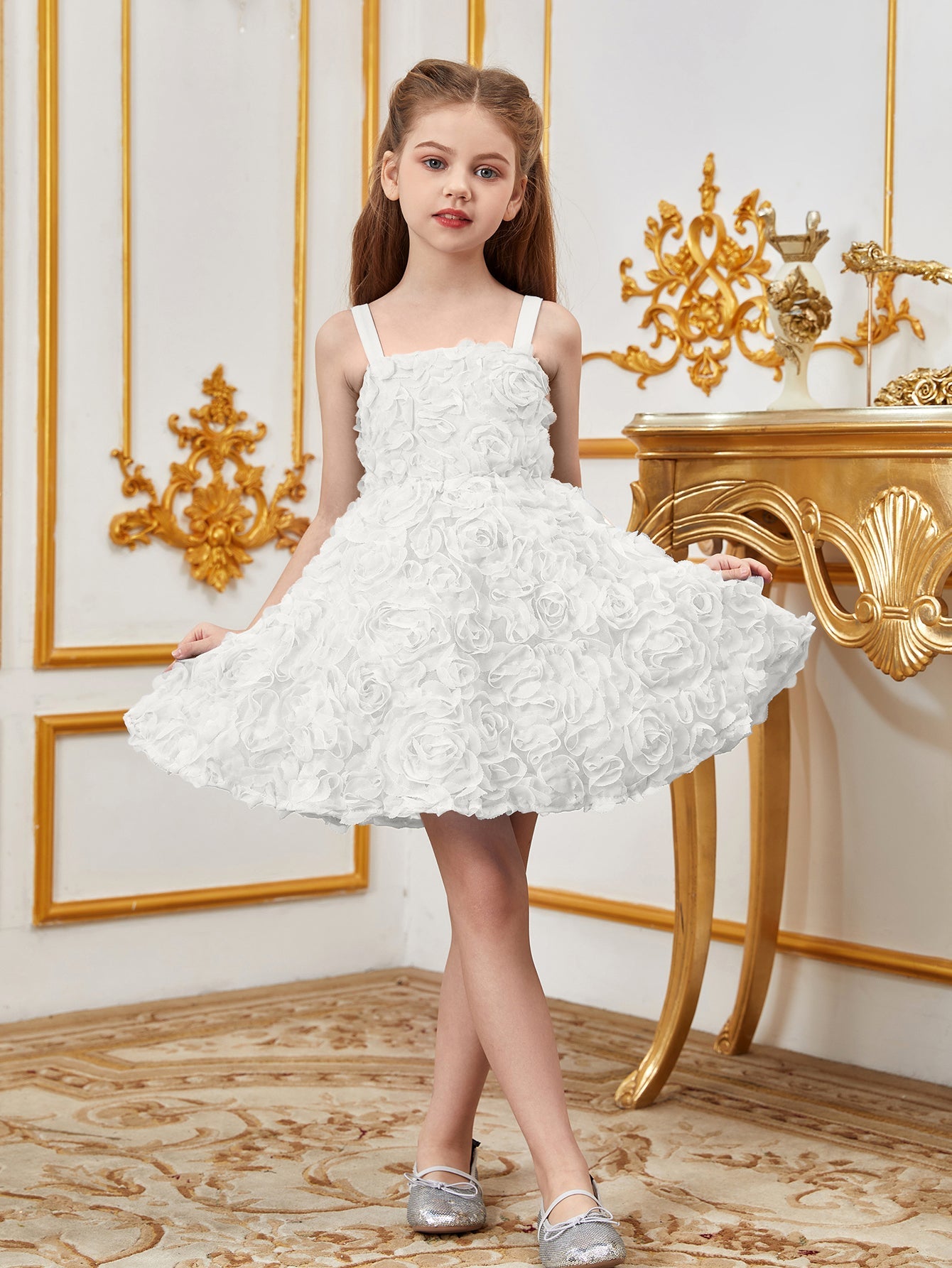 Alternate view of Floral Appliqué Cami Strap A-Line Sleeveless Mesh Tween Girls' Party Dress in White