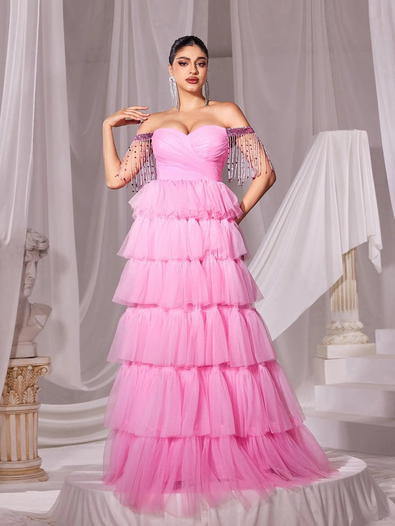 Off-Shoulder Fringed Sleeves Mesh Cake Dress – view 3