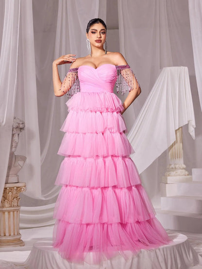 Off-Shoulder Fringed Sleeves Mesh Cake Dress – view 3