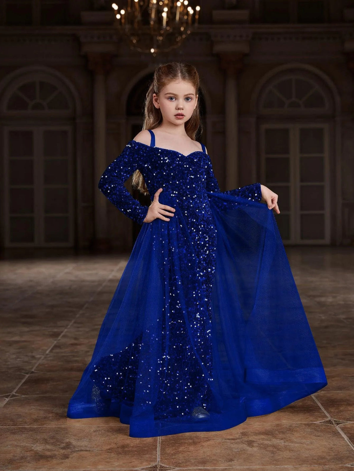 Alternate view of Mesh Overlay Off-Shoulder Sequin Mermaid Long-Sleeve Tween Girls' Party Dress in Royal Blue