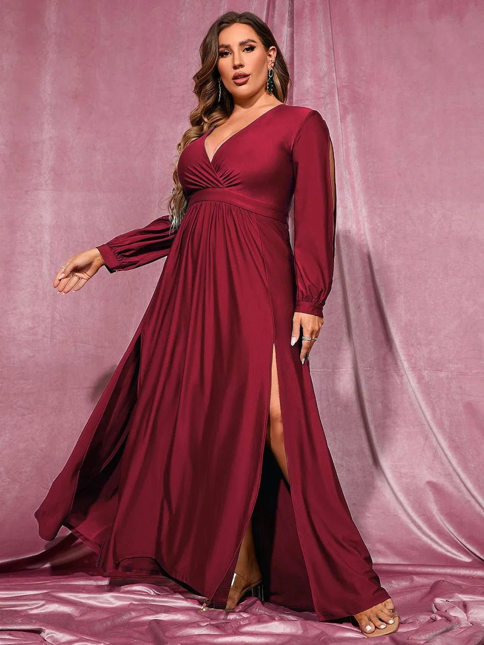 Additional product view of Plunging-Neck High-Slit Plus-Size V-Neck Knit Evening Gown