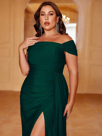 Additional product view of Draped Side Plus-Size Off-Shoulder Knit High-Slit Evening Gown