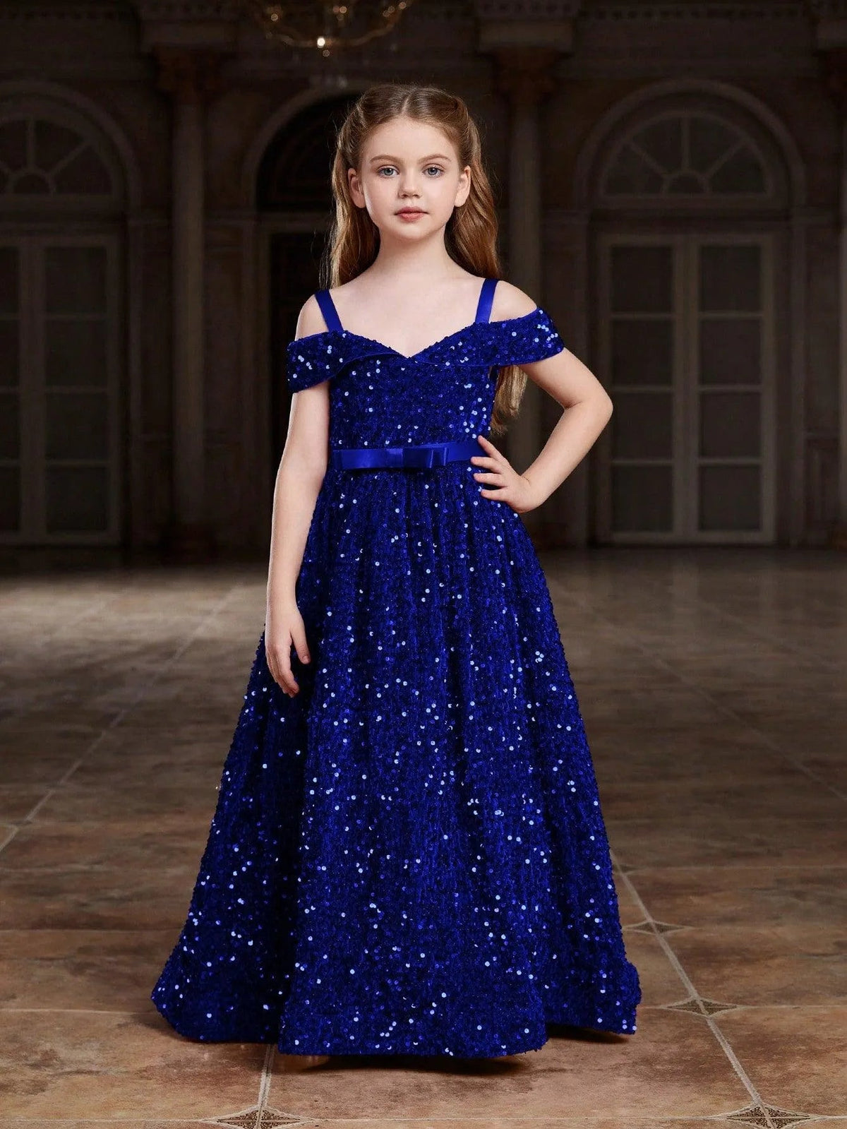 Additional product view of High-Low Hem Off-Shoulder Sequin A-Line Short-Sleeve Tween Girls' Party Dress