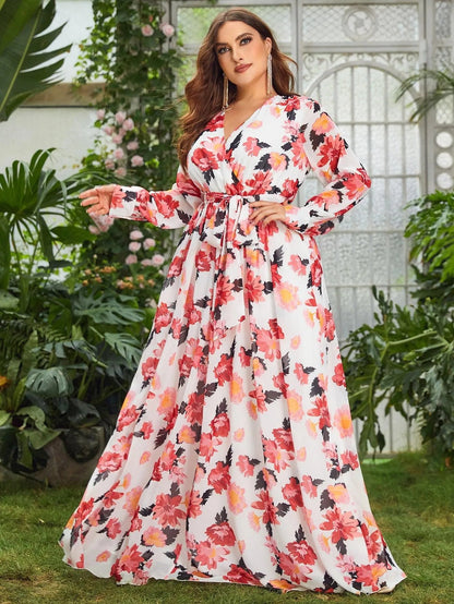 Additional product view of Plus-Size V-Neck Chiffon Floral A-Line Maxi Formal Dress