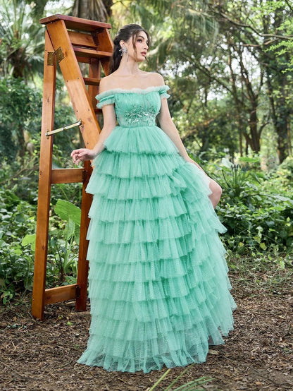 Gorgeous Off-Shoulder Applique Detail Bodice Cascading Ruffle Hem Prom Dress